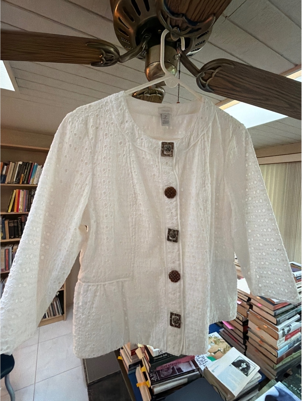 White Eyelet lace blouse with Decorative Buttons, Size 2